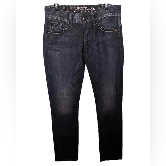 Guess Daredevil Wms Skinny Leg Jean Studded Pkts Front Back Unique Applique Sz28 - Picture 1 of 14